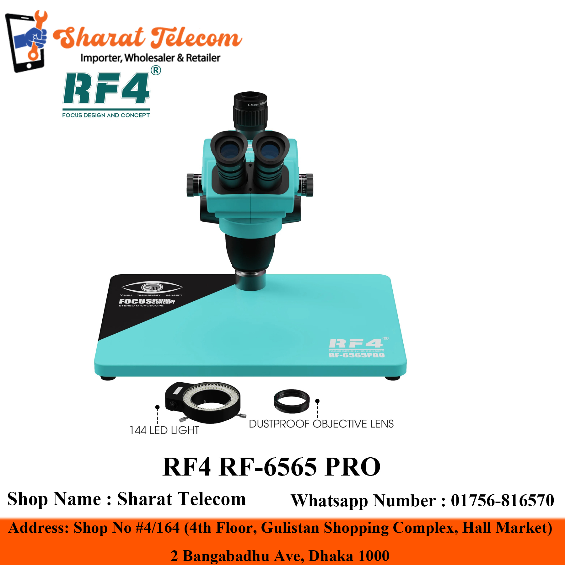 RF4 RF-6565 PRO Synchronous Zoom Microscope 6.5-65X Triocular with Aluminum Alloy Base