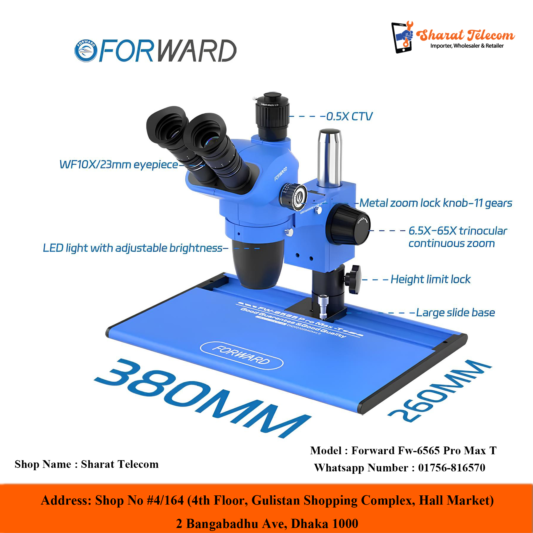 Digital TRINOCULAR STEREO MICROSCOPE FW-6565 ProMax-T 6.5-65X Zoom New Portable Large Slide Base
