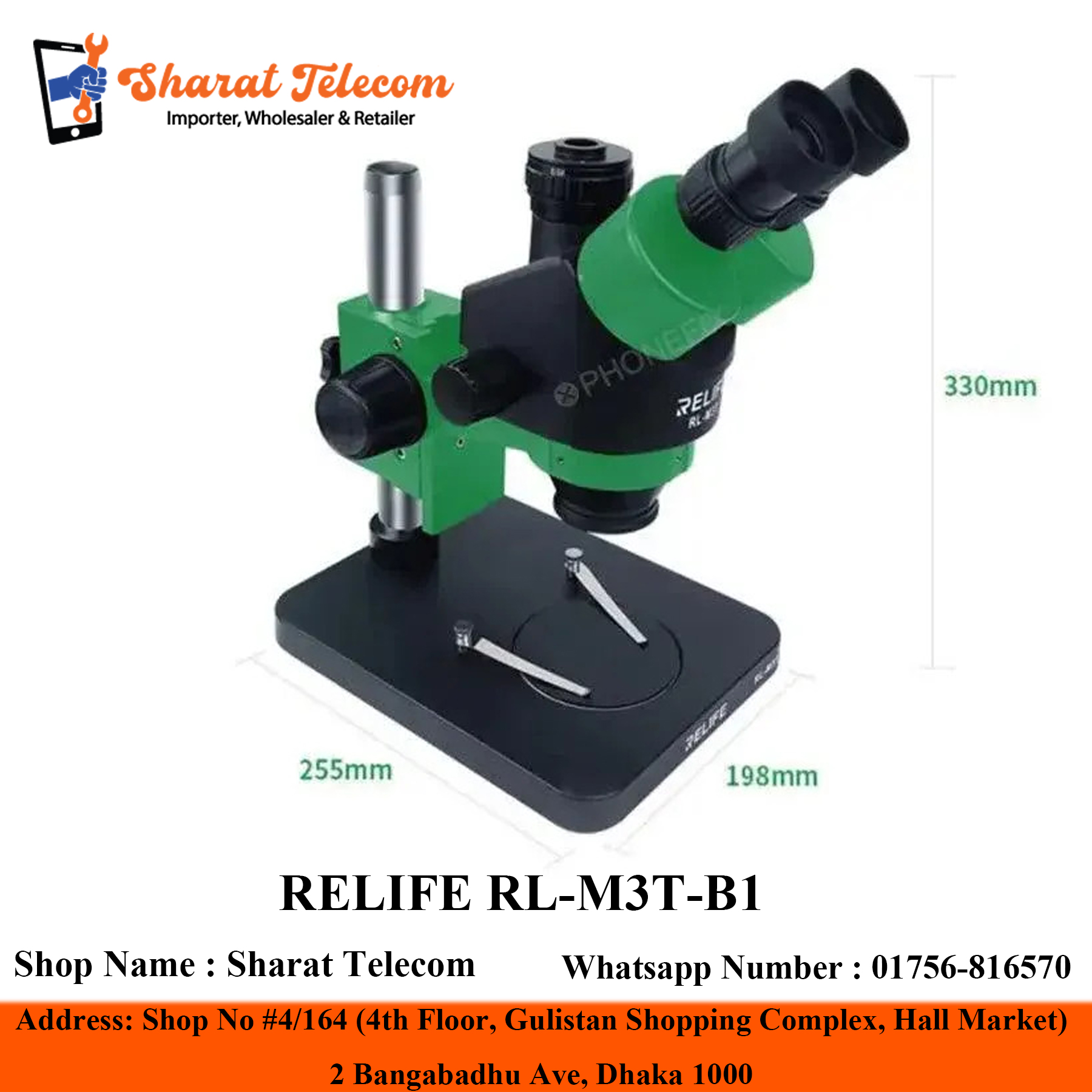 RELIFE RL-M3T-B1 0.7-4.5X Continuous Zoom Trinocular Microscope With Camera for Phone LED Light