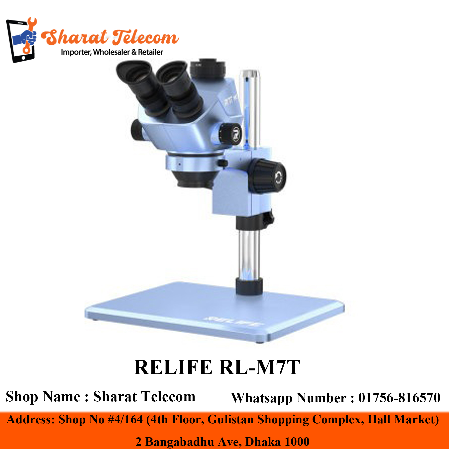 RELIFE RL-M7T Pro HD Trinocular Large Base Imaging Microscope 7X-50X Continuous Zoom HD Quality