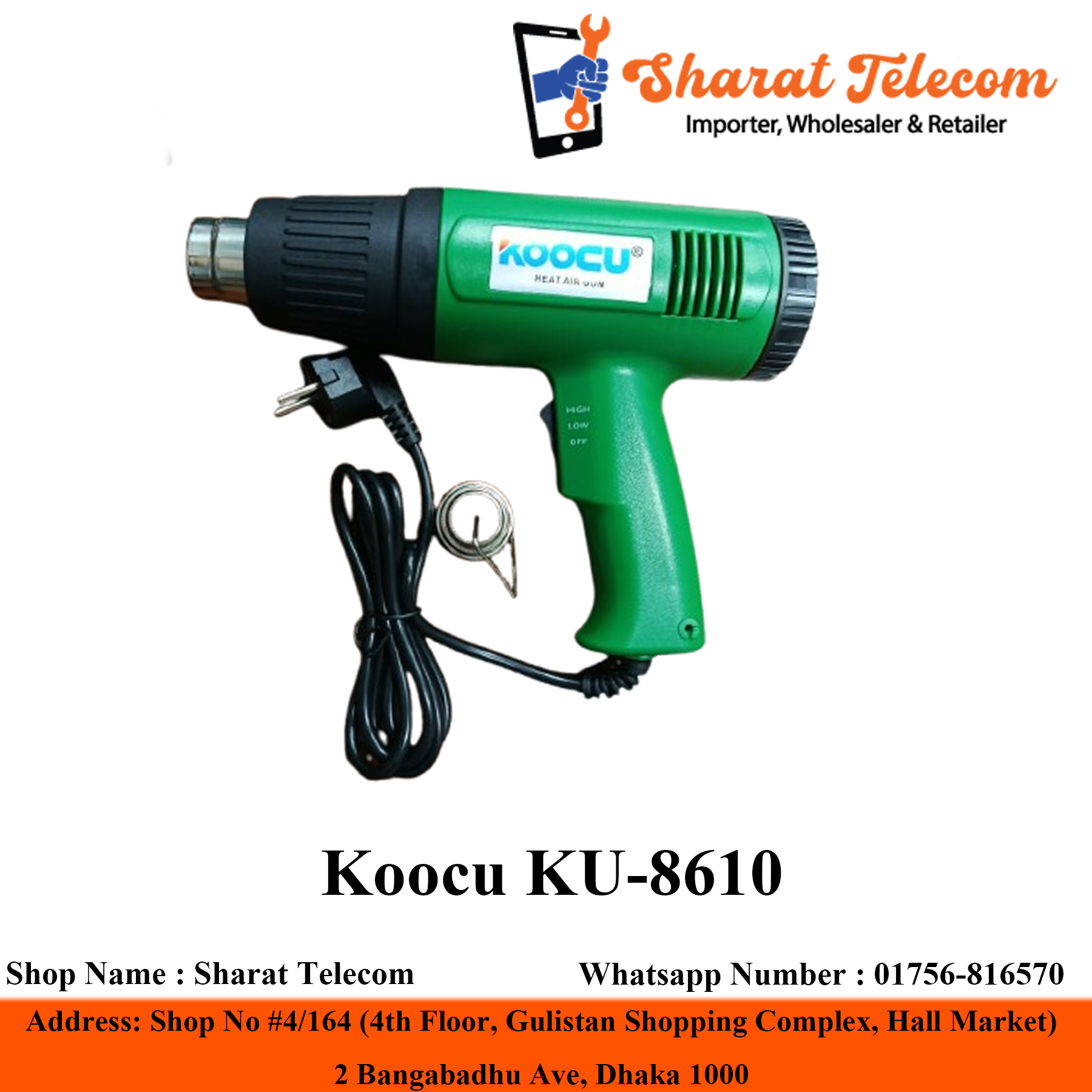 Koocu Elite KU-8610 Hot Air Blower With Dual Temperature Adjusted - 1000w level 2: 1500w High Quality