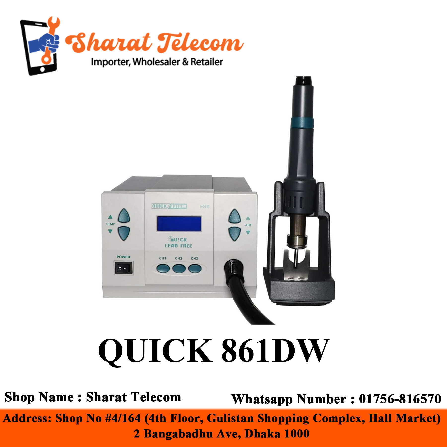 QUICK 861DW Digital Adjustable Hot Air Soldering Rework Station with LCD Display (1000W)