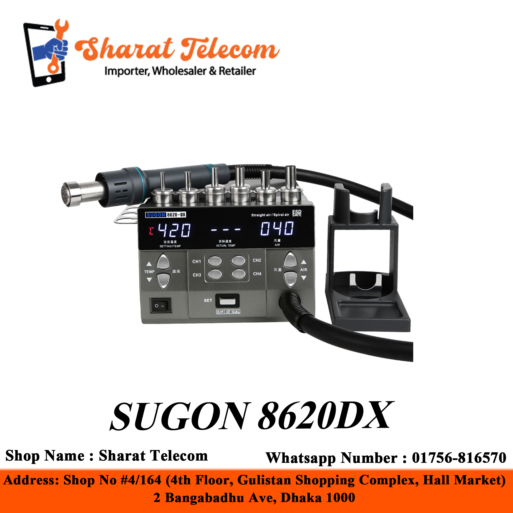 SUGON 8620DX Hot Air Rework Station 1300W Temperature Control BGA With Handle Solder