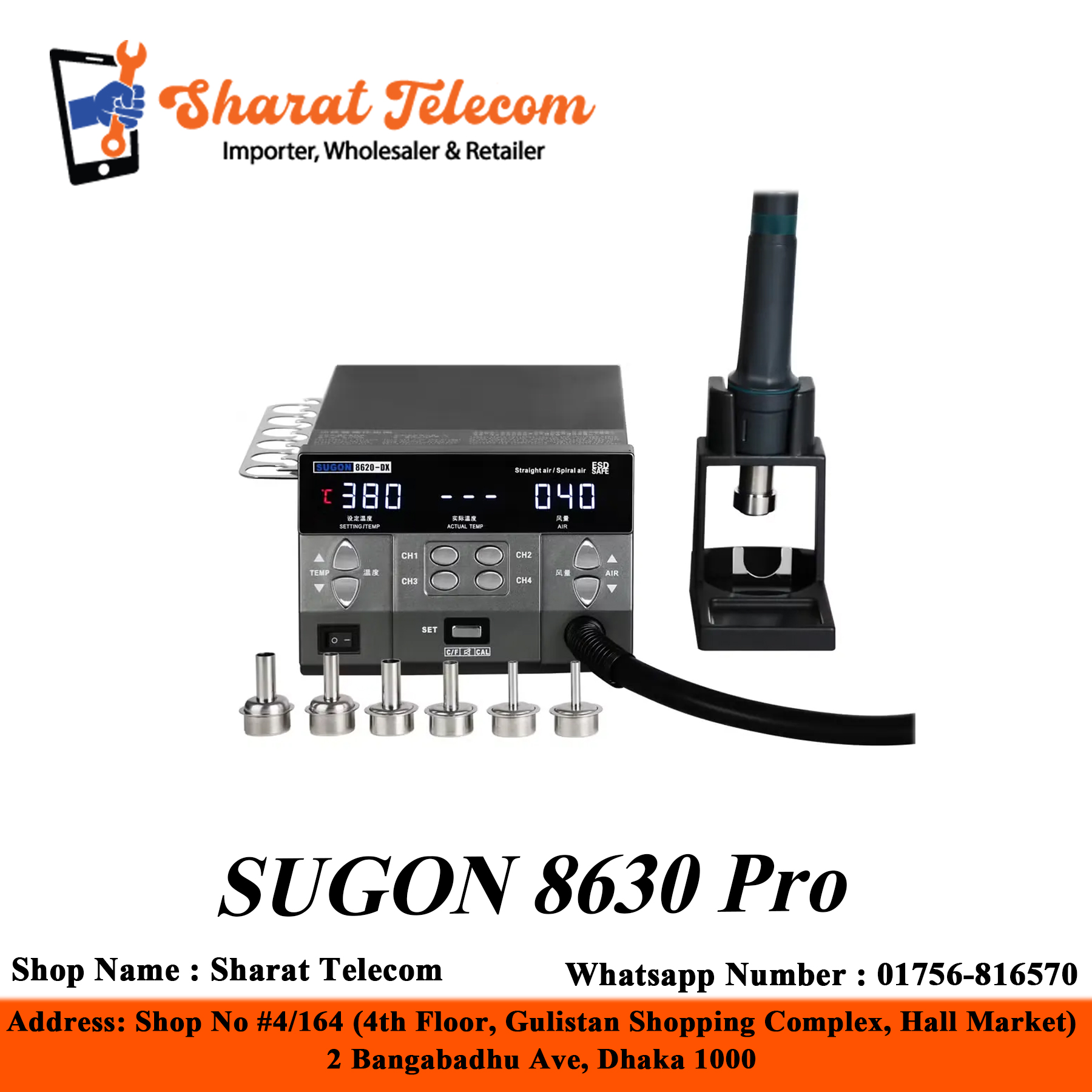 SUGON 8630 Pro  Digital Display BGA Rework Station 1300W Hot Air Gun Curved Nozzle